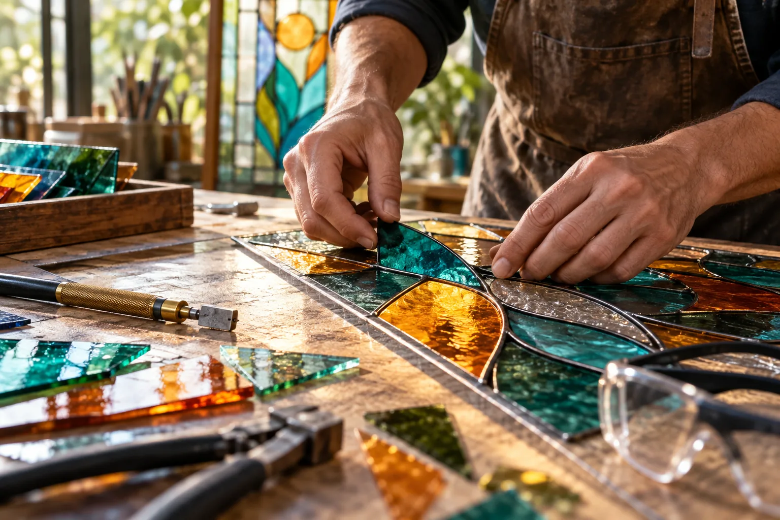 Hands arranging pieces of stained glass