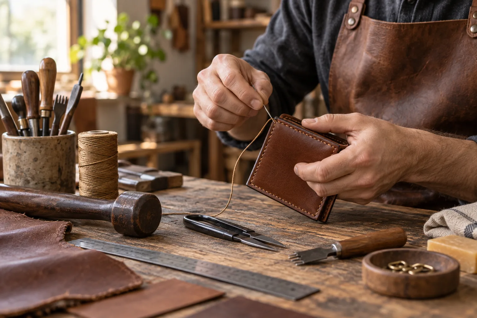 Hands stitching a leather wallet