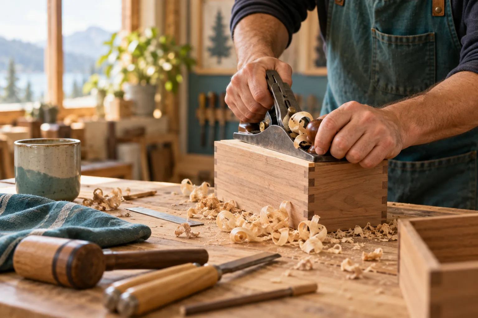Woodworking at a workshop bench
