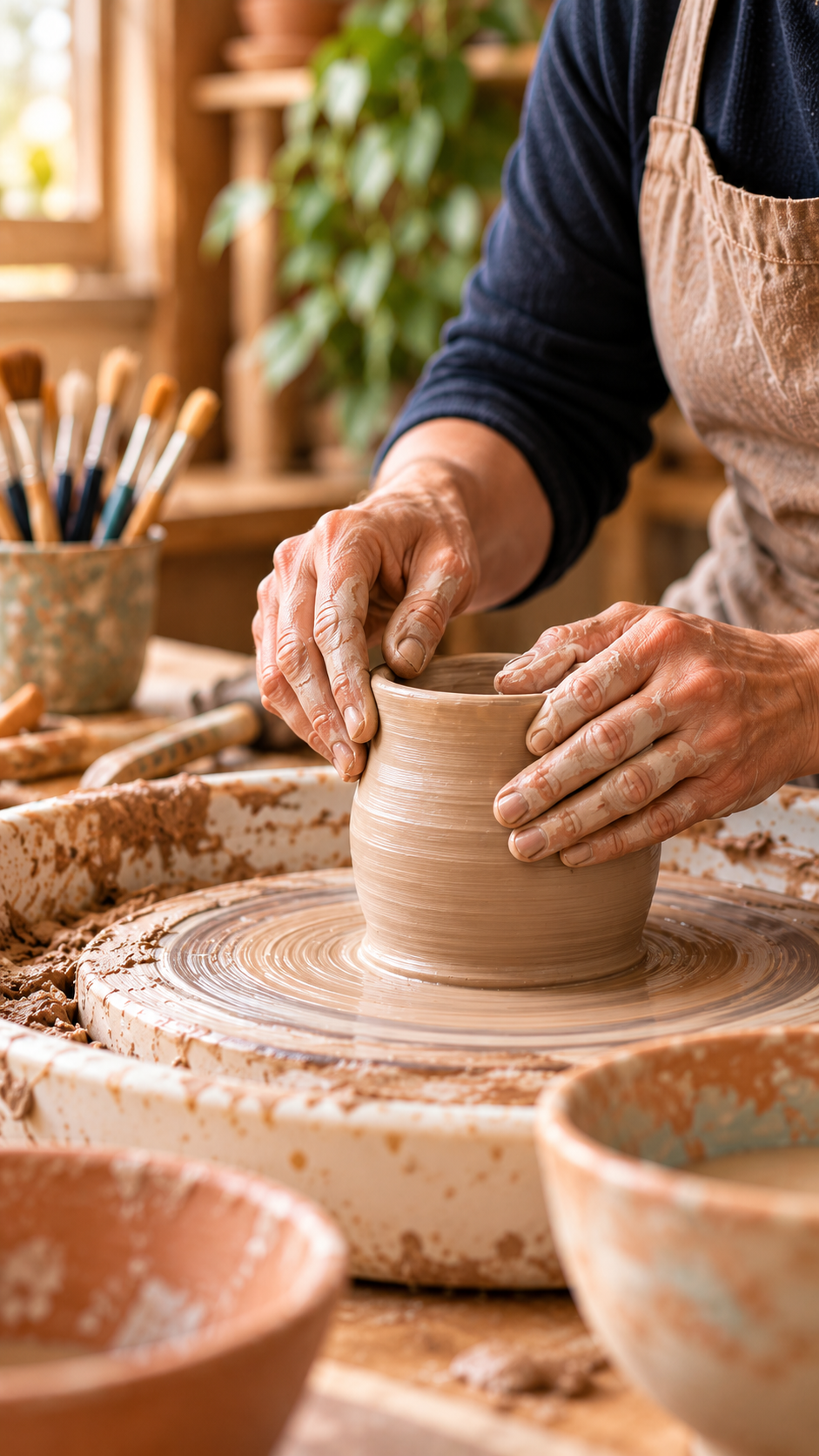 Hands shaping a clay pot on a pottery wheel