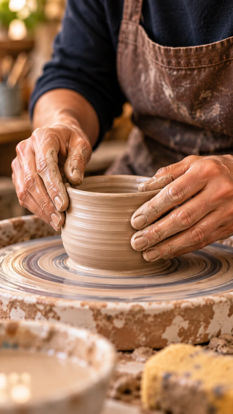 Hands shaping a clay pot